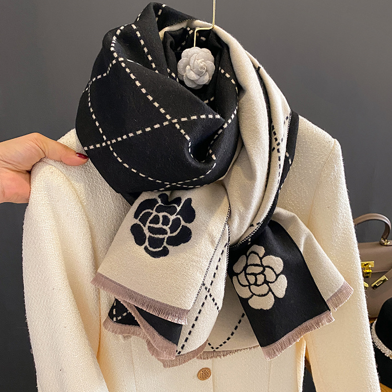 Woven Scarf Blanket - 겨울용 여성용 고급스러운 플로럴 프린트 스카프,