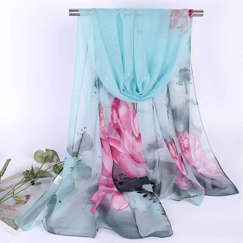 여성용 수채화 연꽃 시폰 스카프, 우아한 꽃무늬 롱 숄 - Face Scarf Mask 리뷰 및 가격